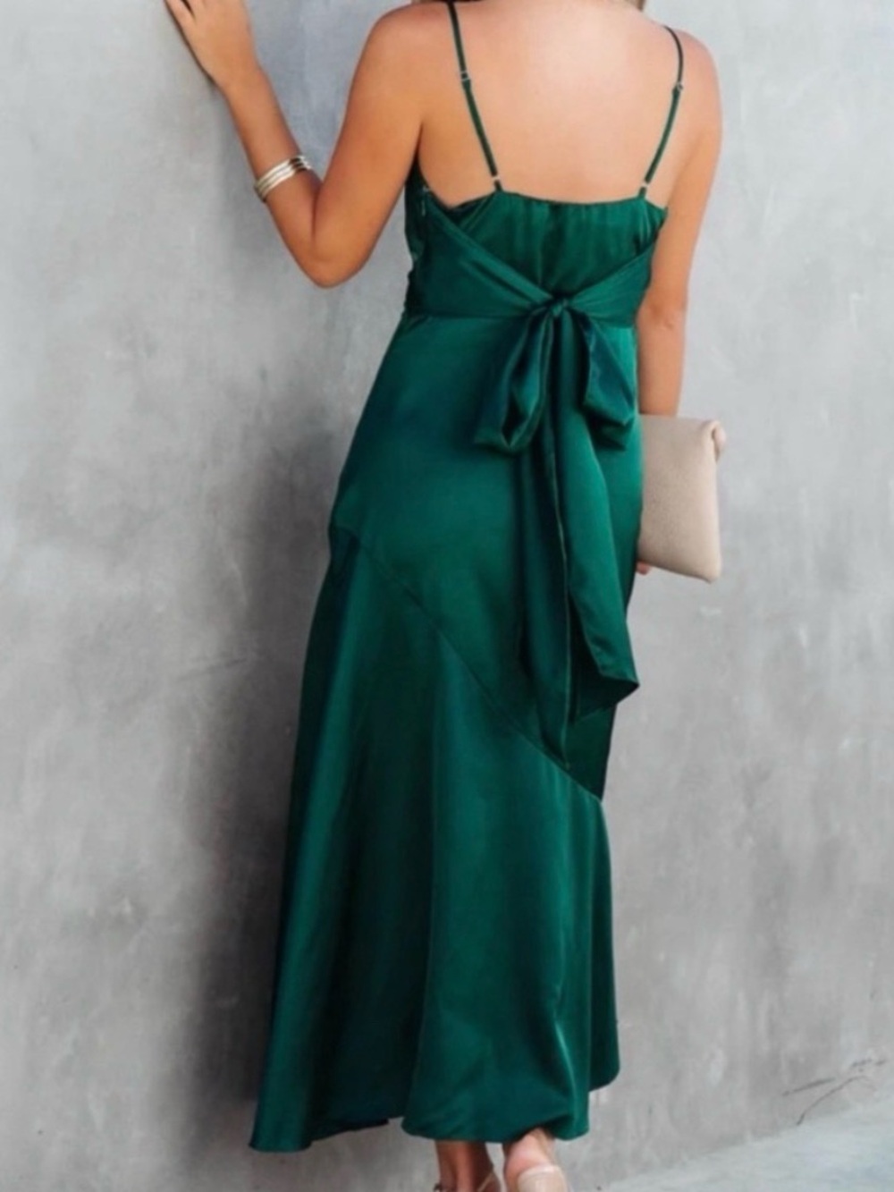 DRESS FORUM Emerald Green Satin Midi Slip Dress with High Slit - Picture 2 of 9